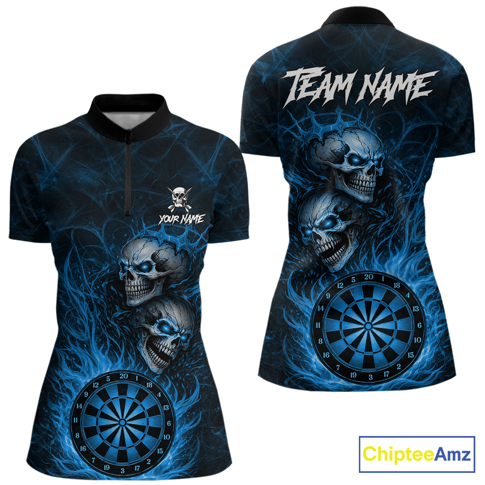 Personalized Blue Flaming Skull Darts Polo & 1/4 Zip For Women Custom Fire Darts Team Jersey TDM7429