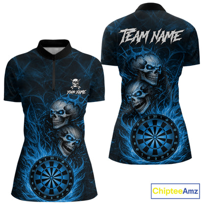 Personalized Blue Flaming Skull Darts Polo & 1/4 Zip For Women Custom Fire Darts Team Jersey TDM7429