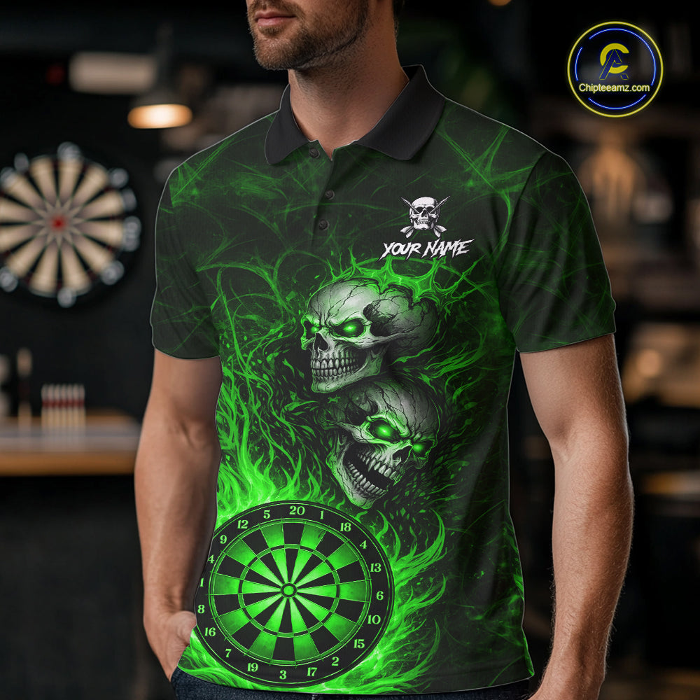 Personalized Green Flaming Skull Darts Polo & 1/4 Zip For Men Custom Fire Darts Team Jersey TDM7430