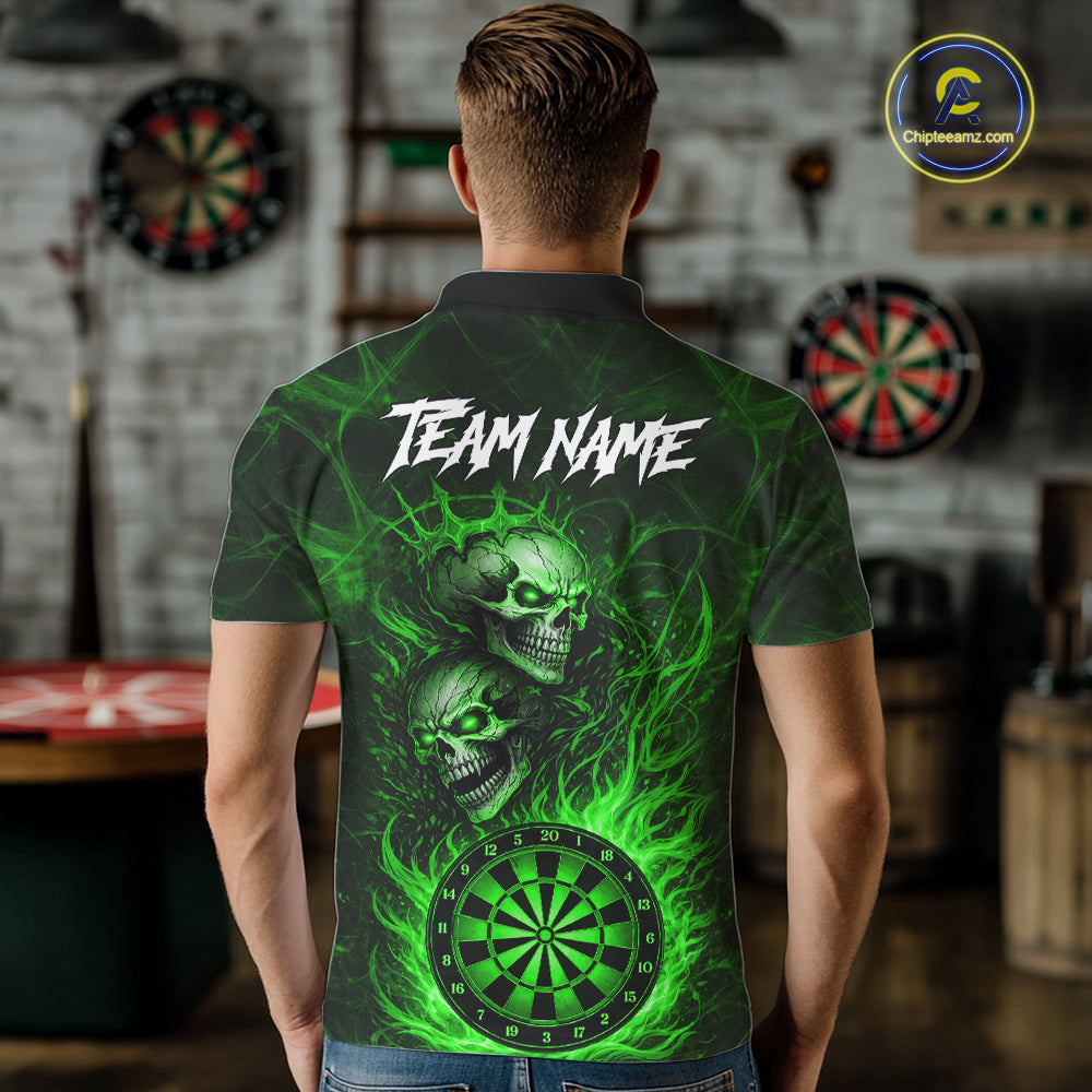 Personalized Green Flaming Skull Darts Polo & 1/4 Zip For Men Custom Fire Darts Team Jersey TDM7430