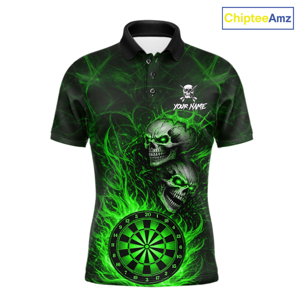 Personalized Green Flaming Skull Darts Polo & 1/4 Zip For Men Custom Fire Darts Team Jersey TDM7430