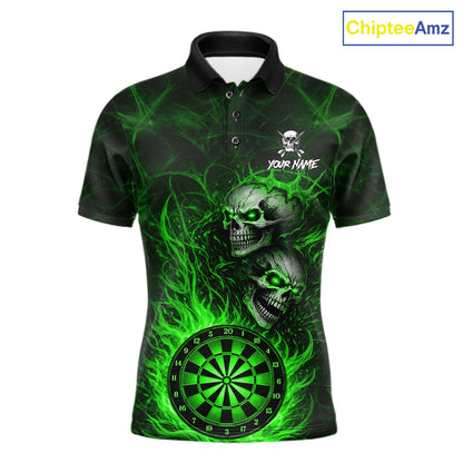 Personalized Green Flaming Skull Darts Polo & 1/4 Zip For Men Custom Fire Darts Team Jersey TDM7430