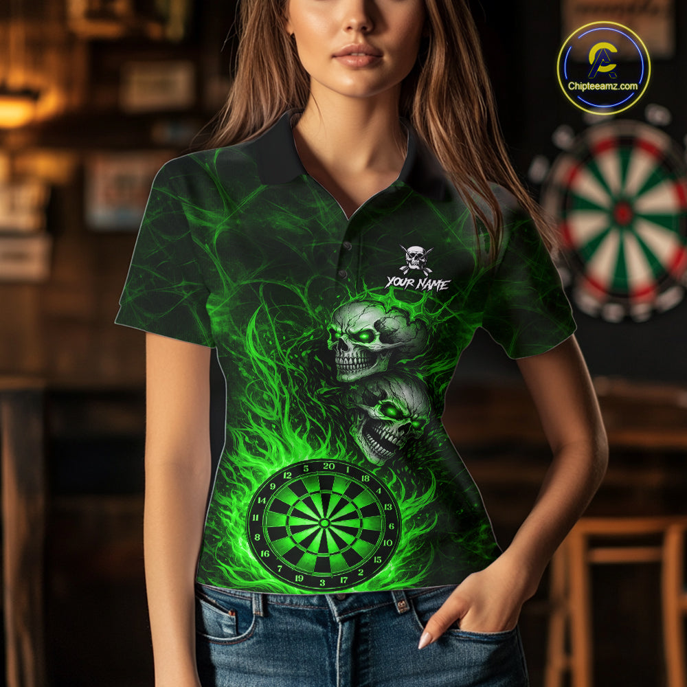 Personalized Green Flaming Skull Darts Polo & 1/4 Zip For Women Custom Fire Darts Team Jersey TDM7430