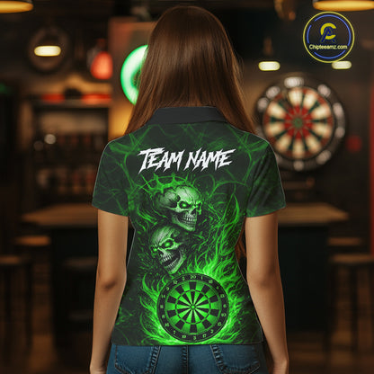 Personalized Green Flaming Skull Darts Polo & 1/4 Zip For Women Custom Fire Darts Team Jersey TDM7430