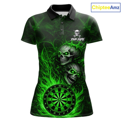 Personalized Green Flaming Skull Darts Polo & 1/4 Zip For Women Custom Fire Darts Team Jersey TDM7430
