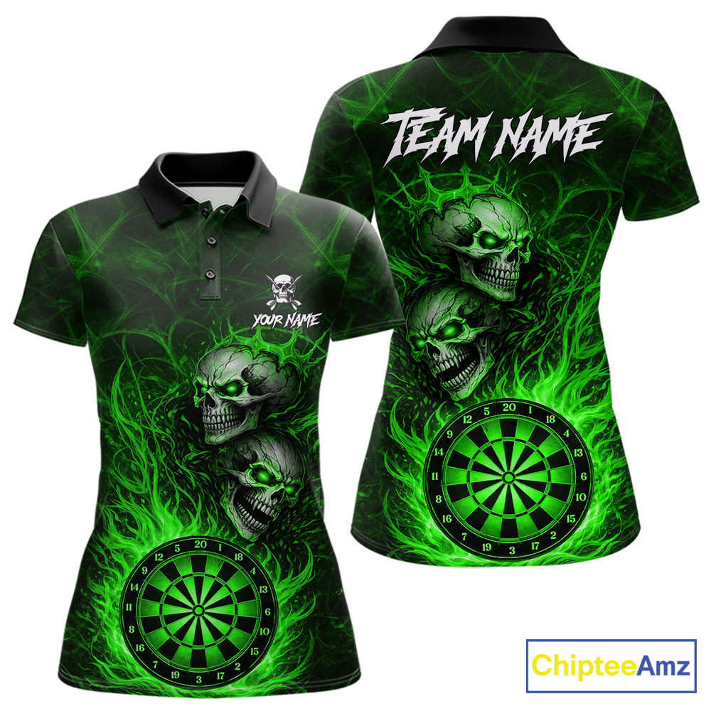 Personalized Green Flaming Skull Darts Polo & 1/4 Zip For Women Custom Fire Darts Team Jersey TDM7430