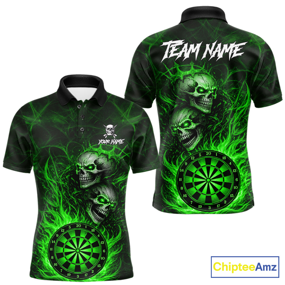 Personalized Green Flaming Skull Darts Polo & 1/4 Zip For Men Custom Fire Darts Team Jersey TDM7430