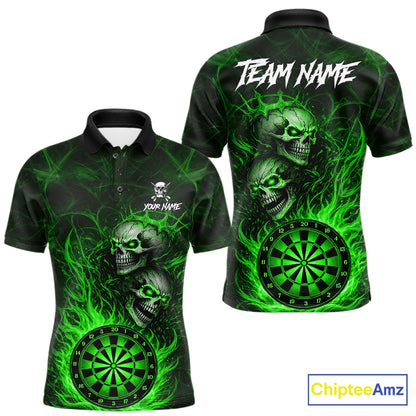 Personalized Green Flaming Skull Darts Polo & 1/4 Zip For Men Custom Fire Darts Team Jersey TDM7430