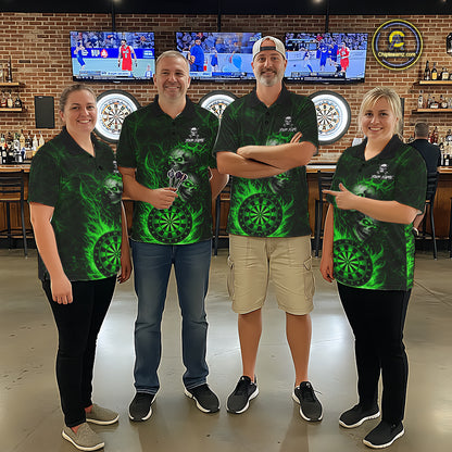 Personalized Green Flaming Skull Darts Polo & 1/4 Zip For Men Custom Fire Darts Team Jersey TDM7430