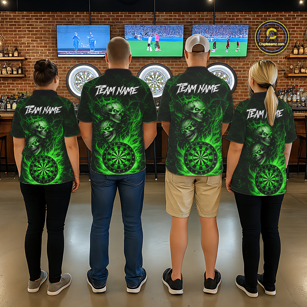 Personalized Green Flaming Skull Darts Polo & 1/4 Zip For Men Custom Fire Darts Team Jersey TDM7430