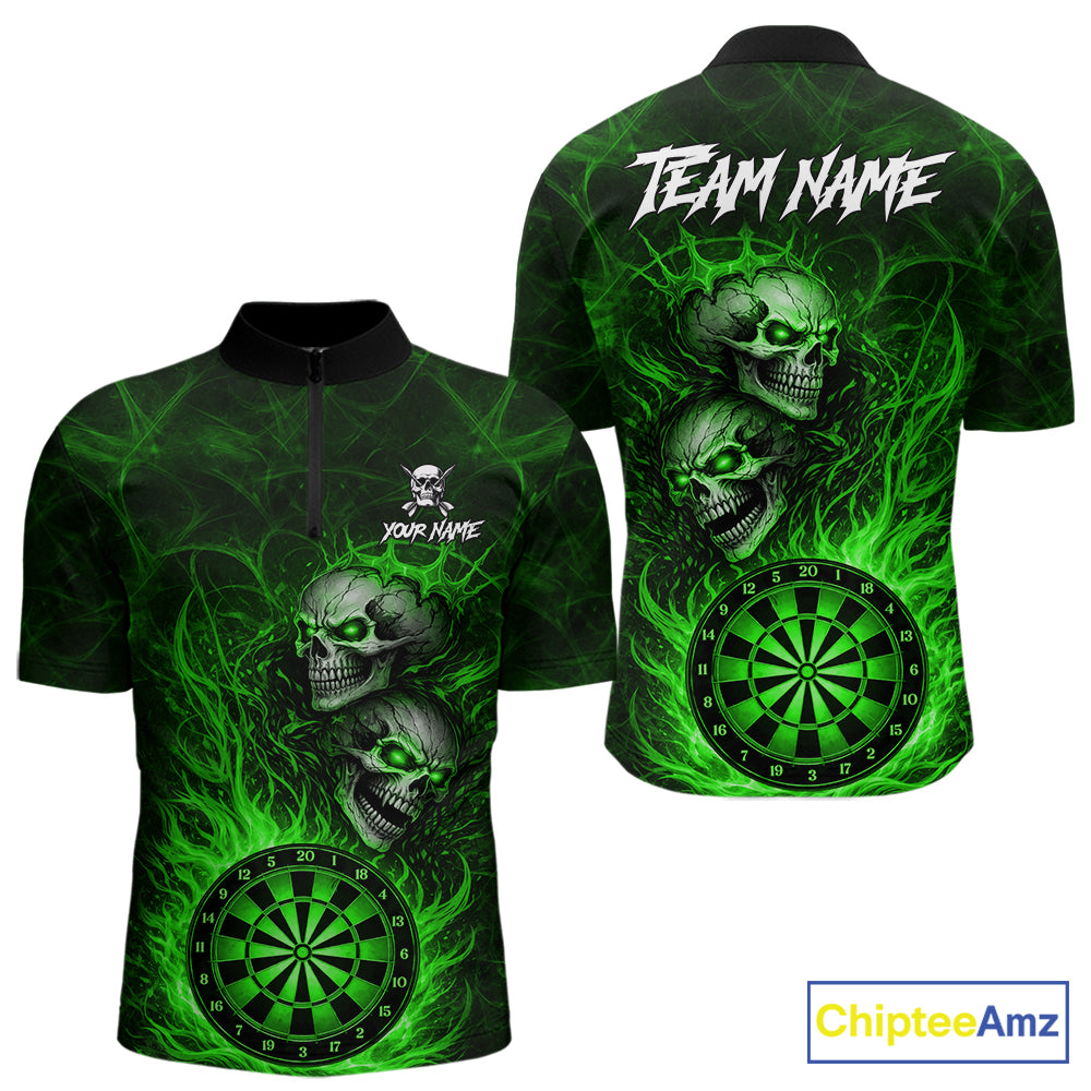 Personalized Green Flaming Skull Darts Polo & 1/4 Zip For Men Custom Fire Darts Team Jersey TDM7430