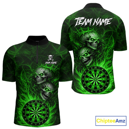 Personalized Green Flaming Skull Darts Polo & 1/4 Zip For Men Custom Fire Darts Team Jersey TDM7430