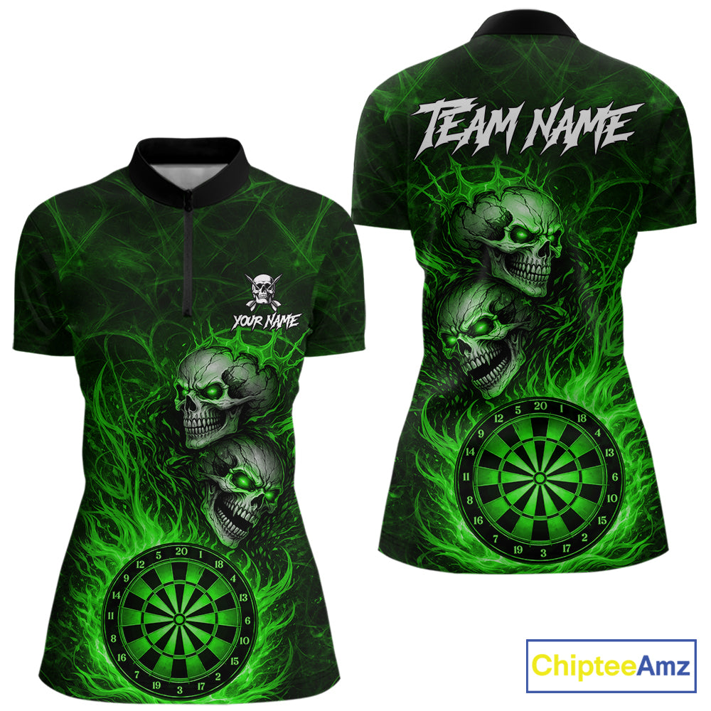 Personalized Green Flaming Skull Darts Polo & 1/4 Zip For Women Custom Fire Darts Team Jersey TDM7430