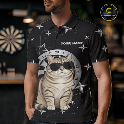 Personalized Funny Cat Darts Shirt For Men Custom Star Pattern Dart Jersey Team Polo & 1/4 Zip TDM7432
