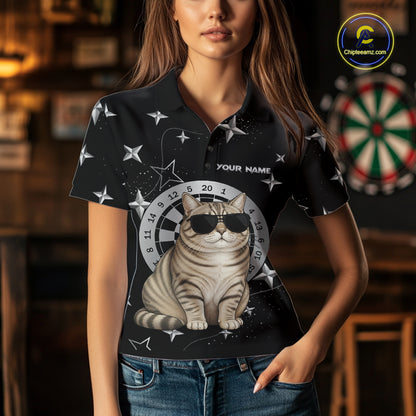 Personalized Funny Cat Darts Shirt For Women Custom Star Pattern Dart Jersey Team Polo & 1/4 Zip TDM7432
