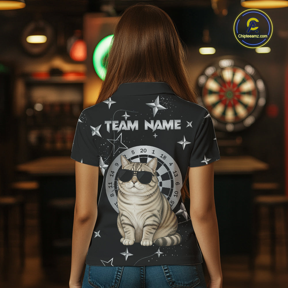 Personalized Funny Cat Darts Shirt For Women Custom Star Pattern Dart Jersey Team Polo & 1/4 Zip TDM7432