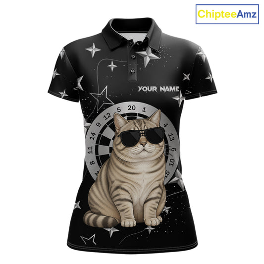 Personalized Funny Cat Darts Shirt For Women Custom Star Pattern Dart Jersey Team Polo & 1/4 Zip TDM7432