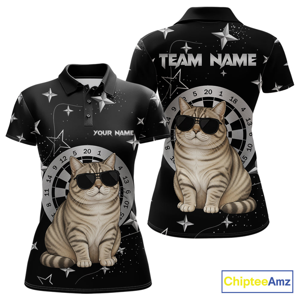 Personalized Funny Cat Darts Shirt For Women Custom Star Pattern Dart Jersey Team Polo & 1/4 Zip TDM7432