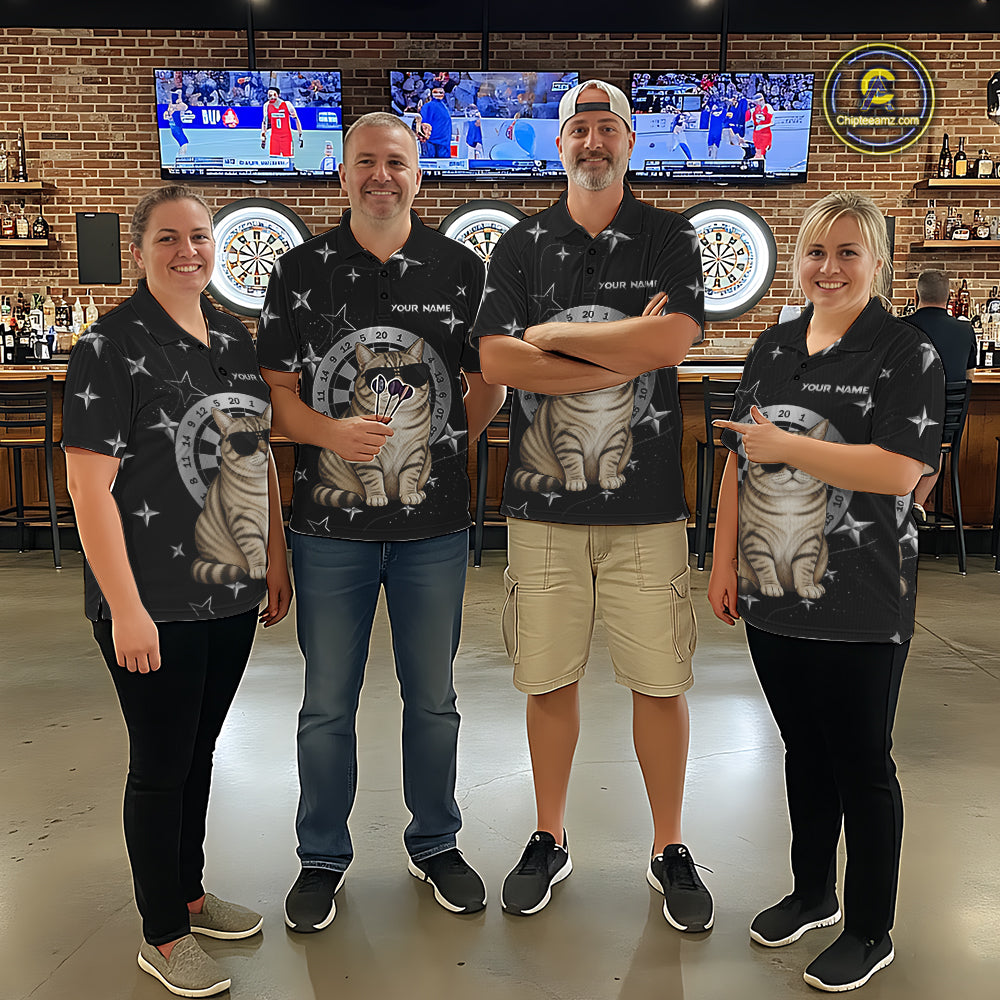 Personalized Funny Cat Darts Shirt For Men Custom Star Pattern Dart Jersey Team Polo & 1/4 Zip TDM7432