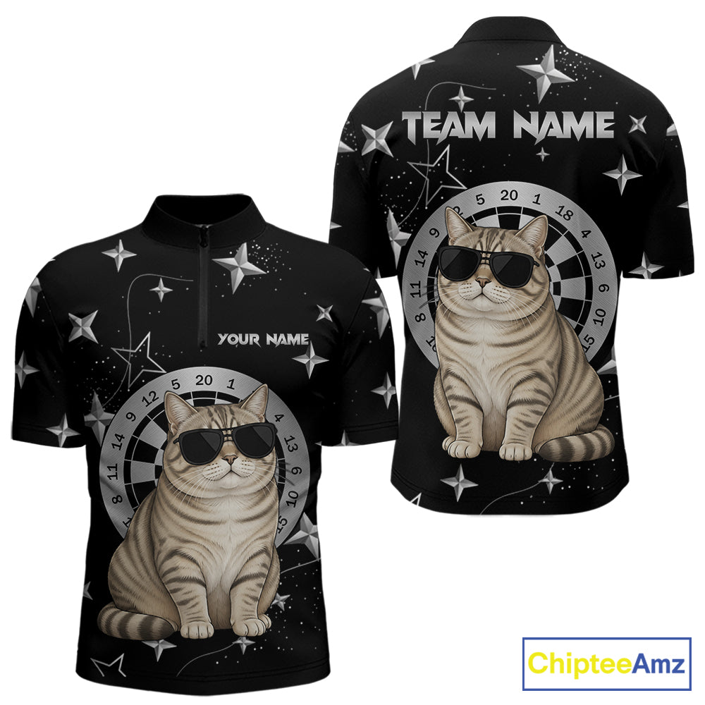 Personalized Funny Cat Darts Shirt For Men Custom Star Pattern Dart Jersey Team Polo & 1/4 Zip TDM7432