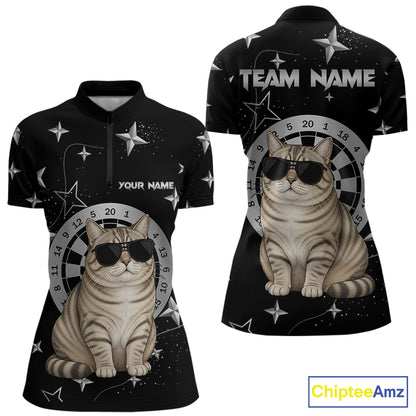 Personalized Funny Cat Darts Shirt For Women Custom Star Pattern Dart Jersey Team Polo & 1/4 Zip TDM7432