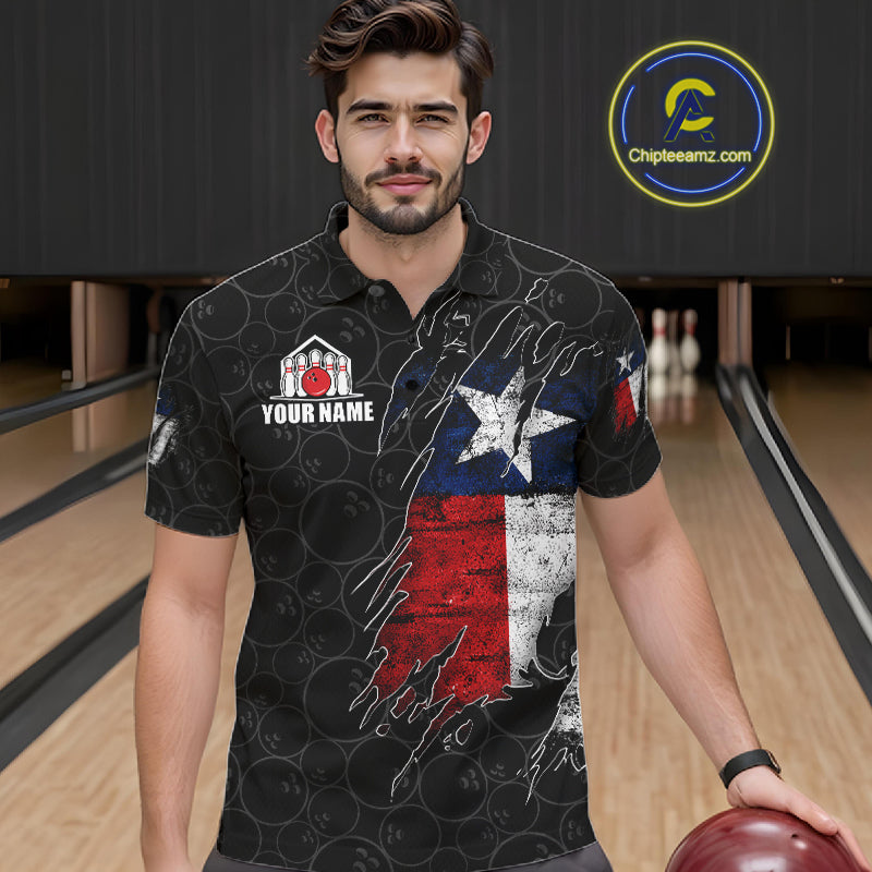 Personalized Vintage Texas Flag Bowling Shirts For Men Custom Patriotic Bowling Team Jersey | Black TDM7763