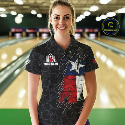 Personalized Vintage Texas Flag Bowling Shirts For Women Custom Patriotic Bowling Team Jersey | Black TDM7763