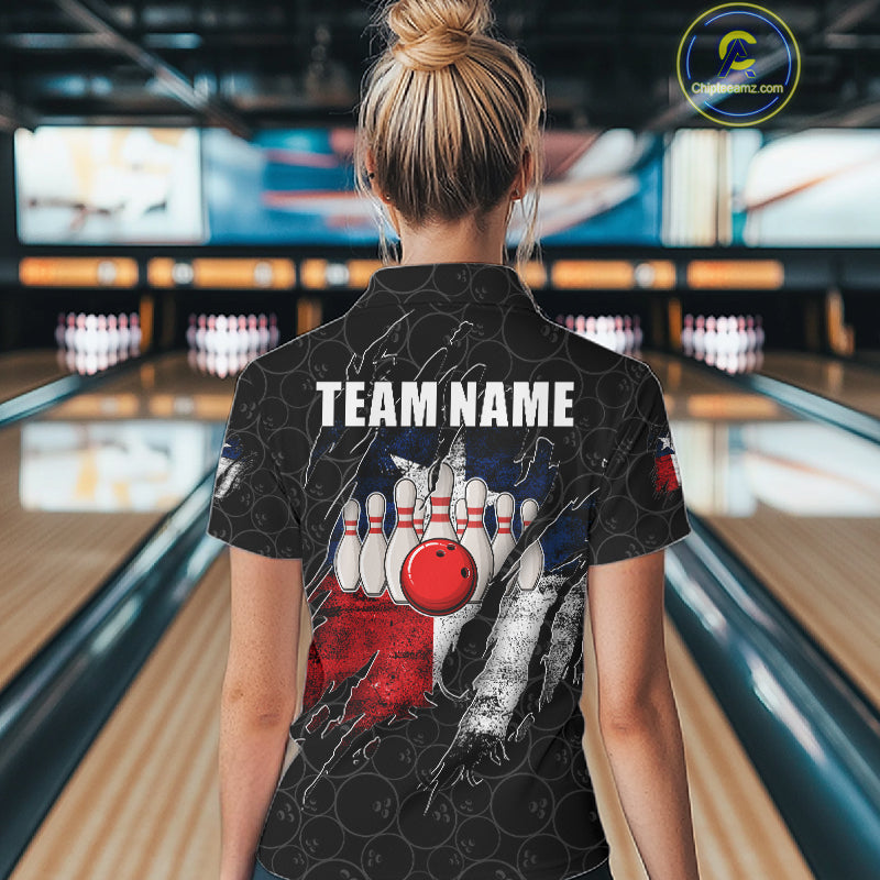 Personalized Vintage Texas Flag Bowling Shirts For Women Custom Patriotic Bowling Team Jersey | Black TDM7763