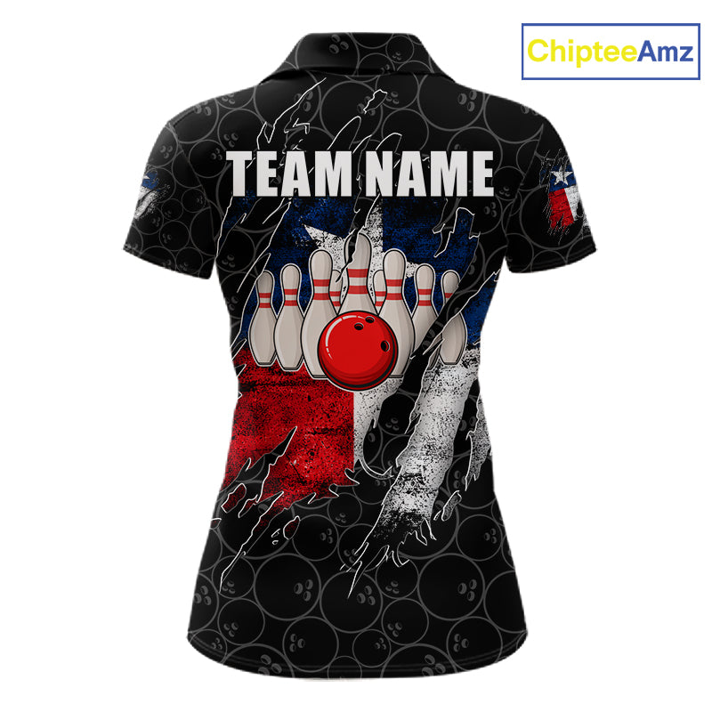 Personalized Vintage Texas Flag Bowling Shirts For Women Custom Patriotic Bowling Team Jersey | Black TDM7763
