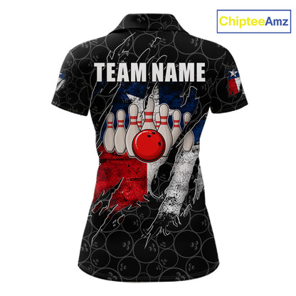 Personalized Vintage Texas Flag Bowling Shirts For Women Custom Patriotic Bowling Team Jersey | Black TDM7763