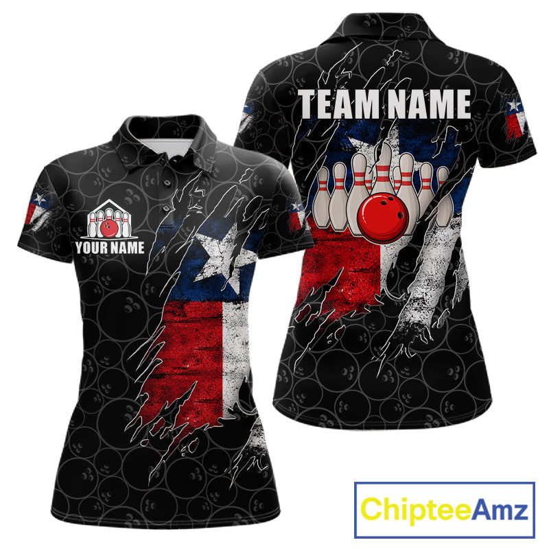 Personalized Vintage Texas Flag Bowling Shirts For Women Custom Patriotic Bowling Team Jersey | Black TDM7763