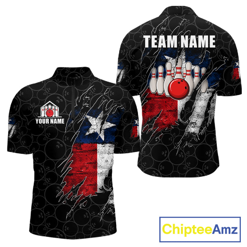 Personalized Vintage Texas Flag Bowling Shirts For Men Custom Patriotic Bowling Team Jersey | Black TDM7763