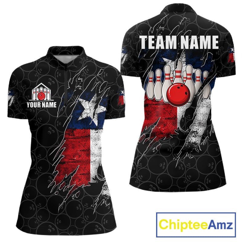 Personalized Vintage Texas Flag Bowling Shirts For Women Custom Patriotic Bowling Team Jersey | Black TDM7763