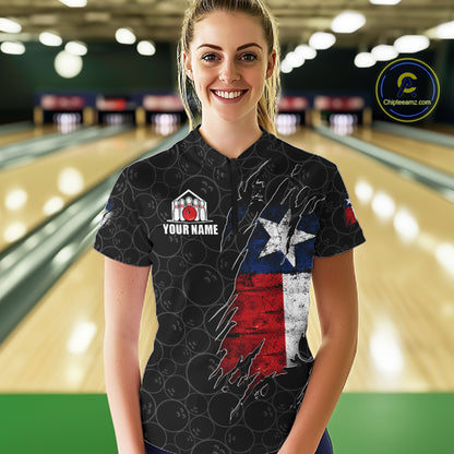 Personalized Vintage Texas Flag Bowling Shirts For Women Custom Patriotic Bowling Team Jersey | Black TDM7763