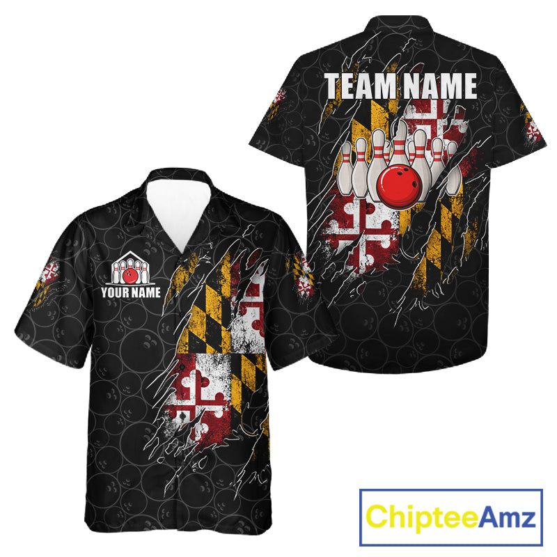 Vintage Maryland Flag Bowling Hawaiian Shirt For Bowlers Custom Patriotic Bowling Team Button Up Jersey TDM7764