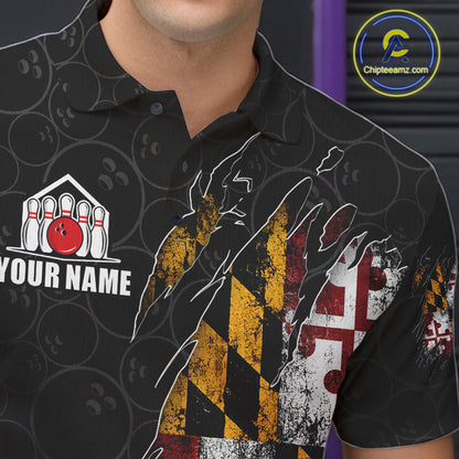 Vintage Maryland Flag Bowling Shirts For Men Custom Patriotic Bowling Team Jersey | Black TDM7764