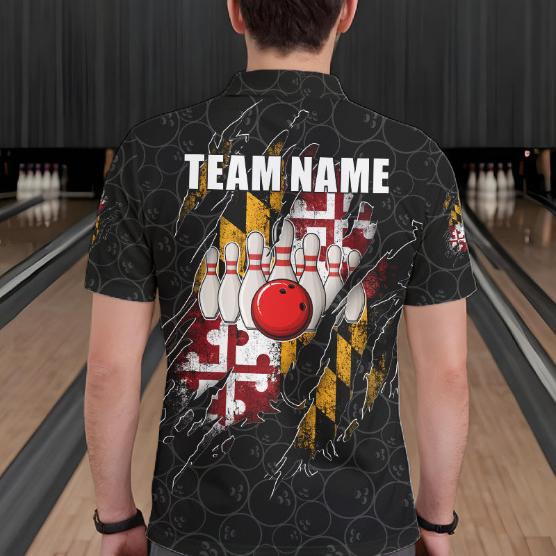 Vintage Maryland Flag Bowling Shirts For Men Custom Patriotic Bowling Team Jersey | Black TDM7764
