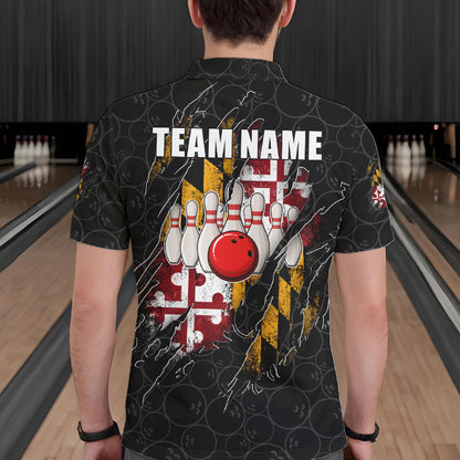 Vintage Maryland Flag Bowling Shirts For Men Custom Patriotic Bowling Team Jersey | Black TDM7764