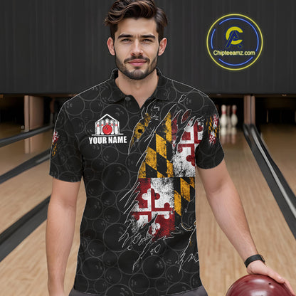 Vintage Maryland Flag Bowling Shirts For Men Custom Patriotic Bowling Team Jersey | Black TDM7764
