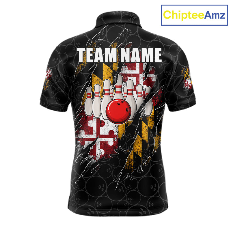 Vintage Maryland Flag Bowling Shirts For Men Custom Patriotic Bowling Team Jersey | Black TDM7764