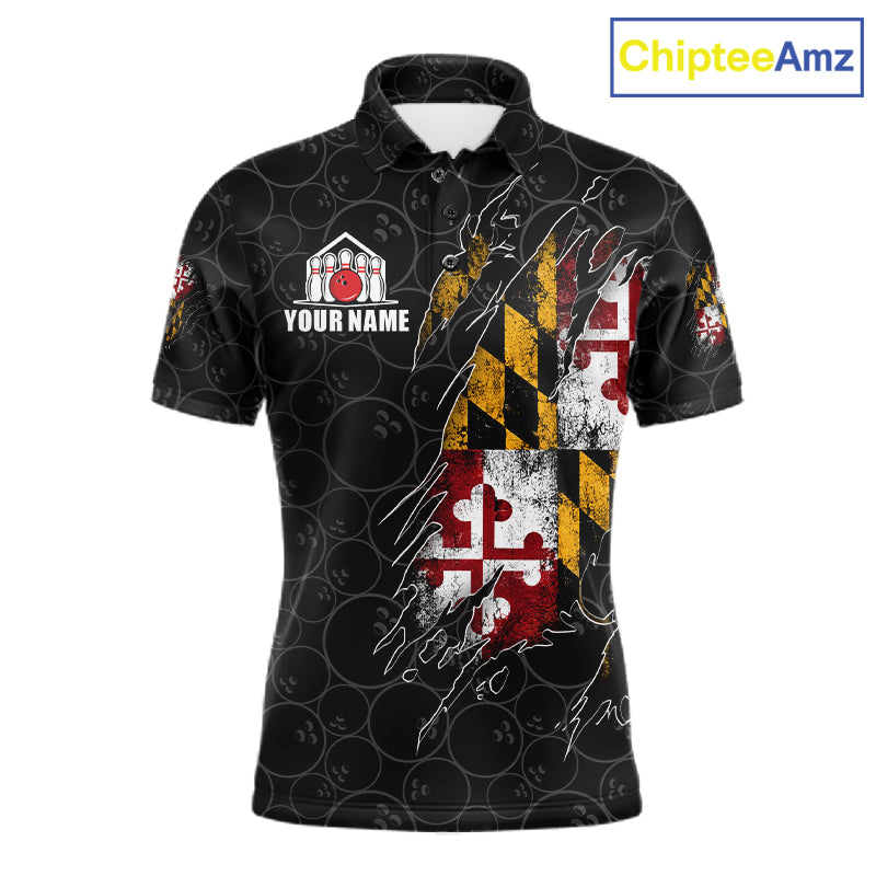 Vintage Maryland Flag Bowling Shirts For Men Custom Patriotic Bowling Team Jersey | Black TDM7764