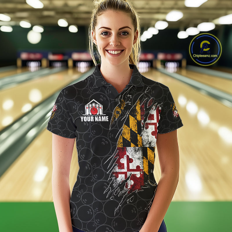 Vintage Maryland Flag Bowling Shirts For Women Custom Patriotic Bowling Team Jersey | Black TDM7764