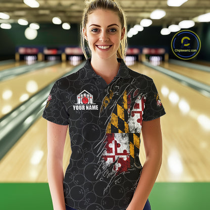 Vintage Maryland Flag Bowling Shirts For Women Custom Patriotic Bowling Team Jersey | Black TDM7764