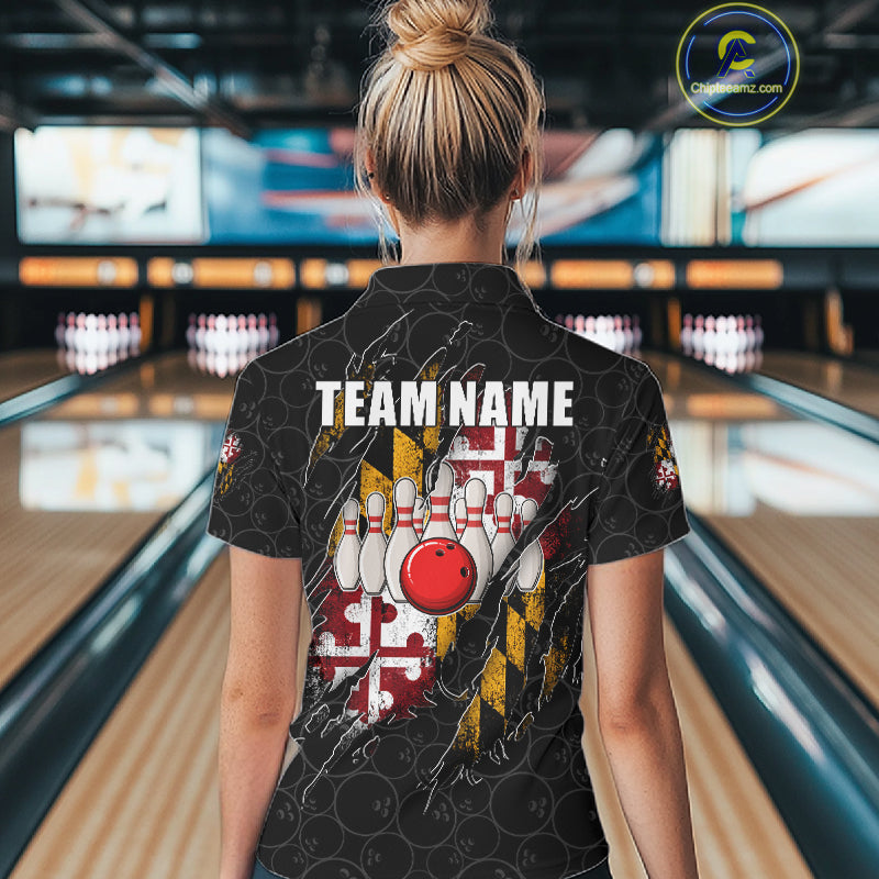 Vintage Maryland Flag Bowling Shirts For Women Custom Patriotic Bowling Team Jersey | Black TDM7764