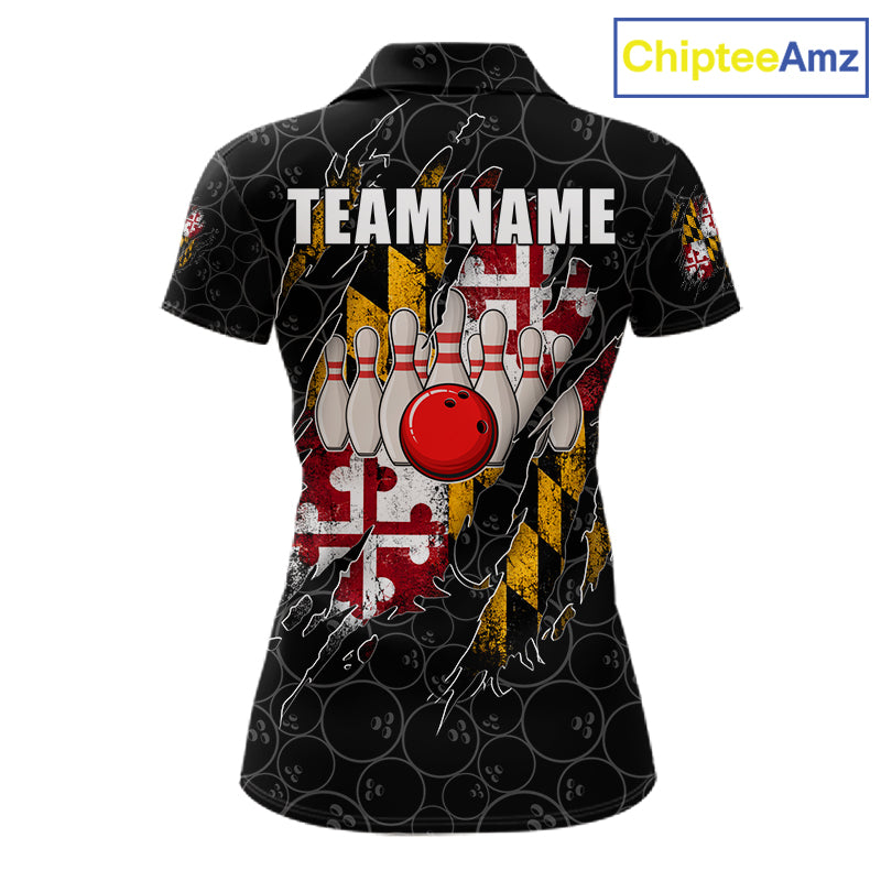 Vintage Maryland Flag Bowling Shirts For Women Custom Patriotic Bowling Team Jersey | Black TDM7764