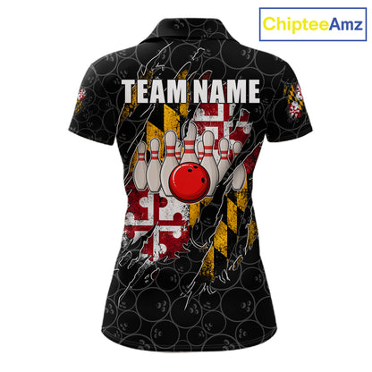 Vintage Maryland Flag Bowling Shirts For Women Custom Patriotic Bowling Team Jersey | Black TDM7764