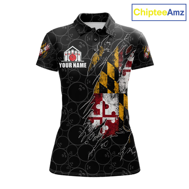 Vintage Maryland Flag Bowling Shirts For Women Custom Patriotic Bowling Team Jersey | Black TDM7764