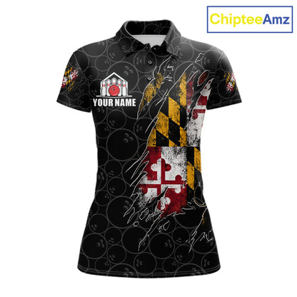 Vintage Maryland Flag Bowling Shirts For Women Custom Patriotic Bowling Team Jersey | Black TDM7764