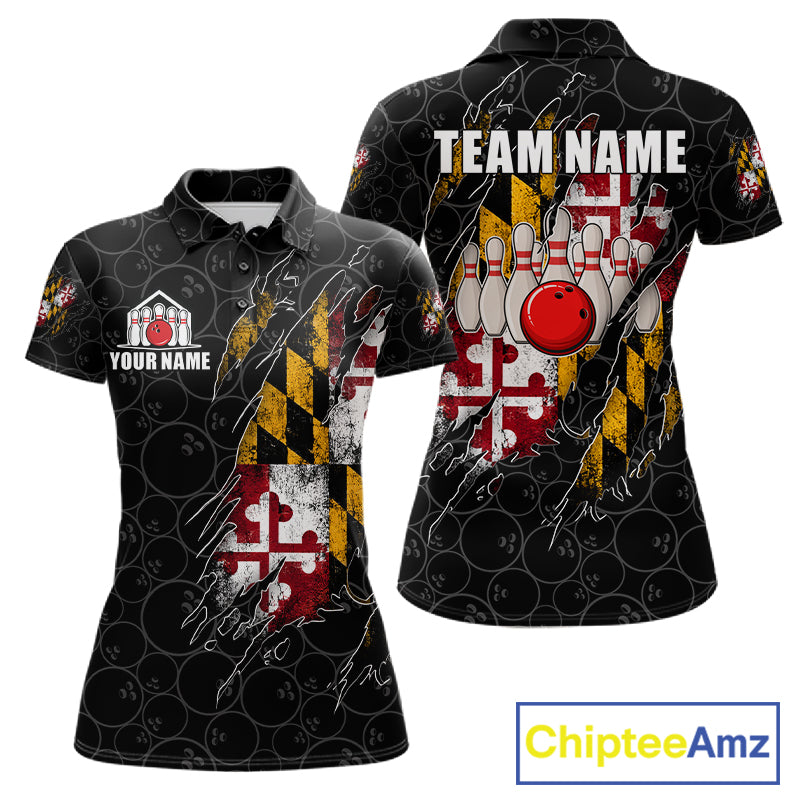 Vintage Maryland Flag Bowling Shirts For Women Custom Patriotic Bowling Team Jersey | Black TDM7764