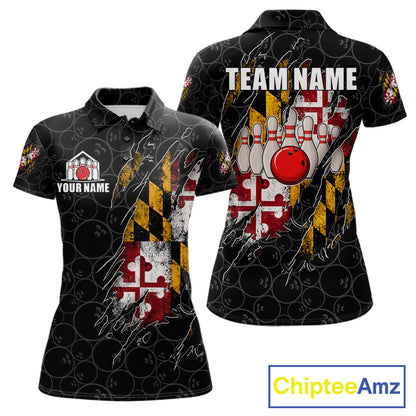 Vintage Maryland Flag Bowling Shirts For Women Custom Patriotic Bowling Team Jersey | Black TDM7764